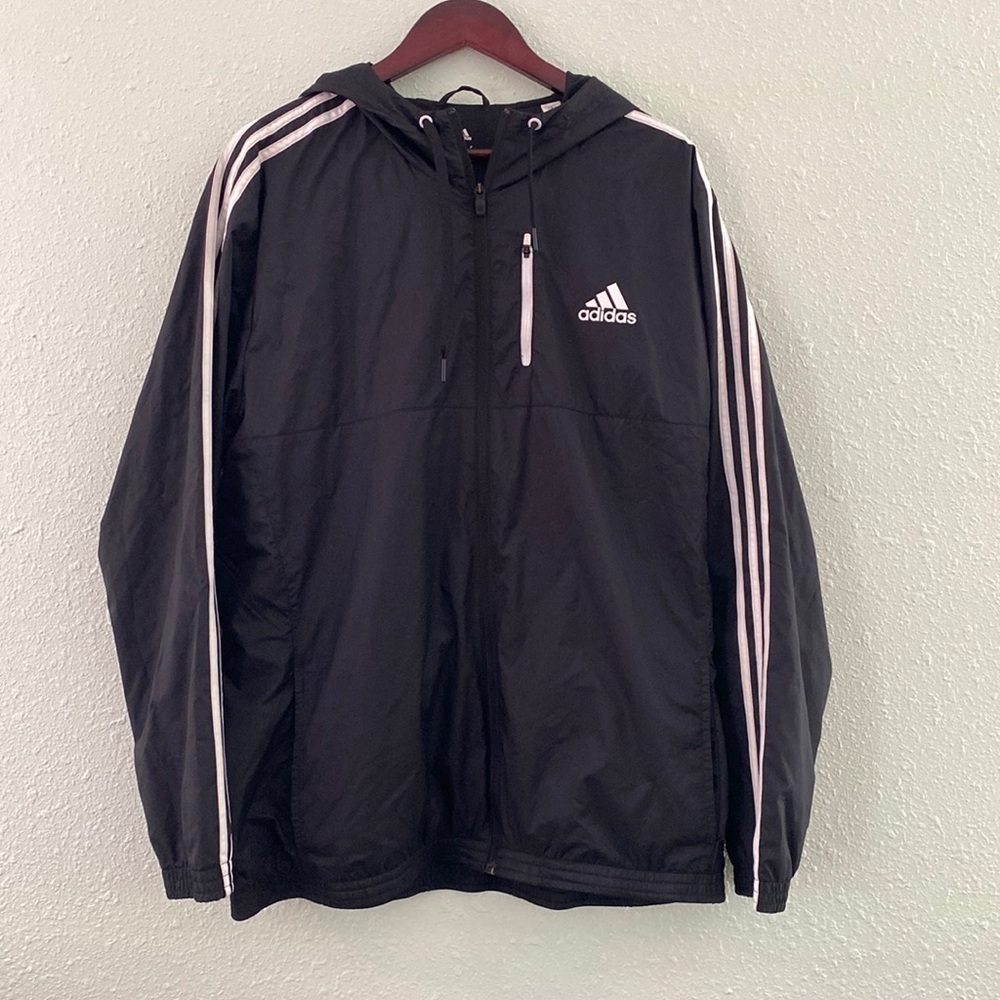 Adidas sports windbreaker jacket Black Mens 3 pocket with Hoodie XL